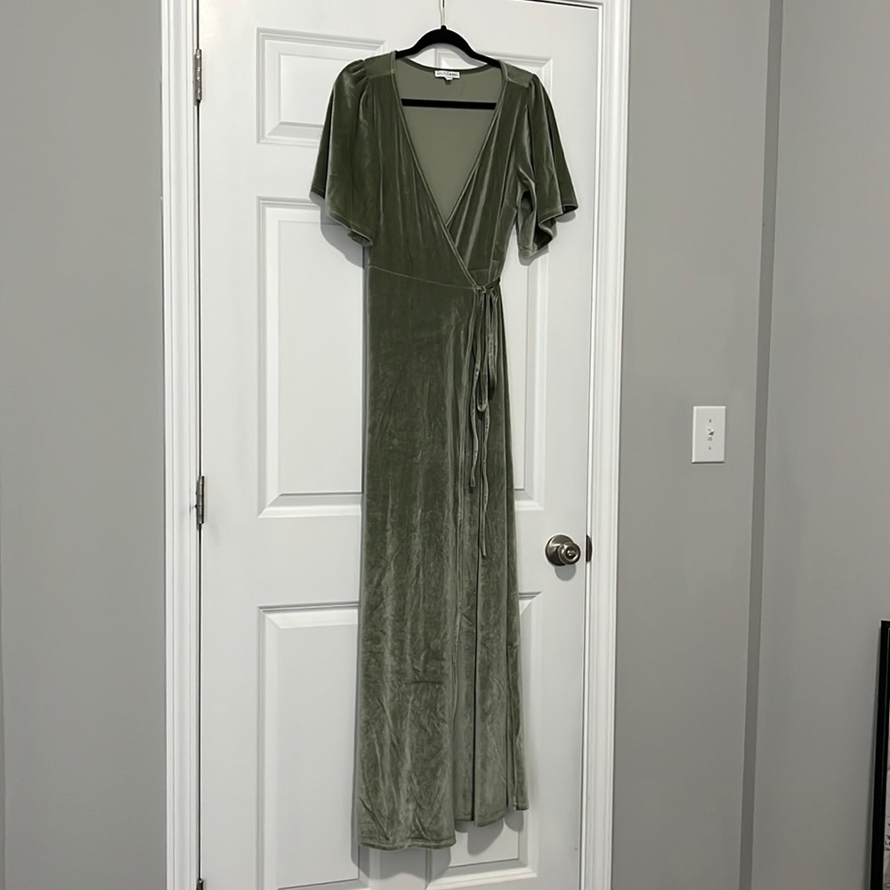 Baltic Born olive green velvet maxi wrap dress